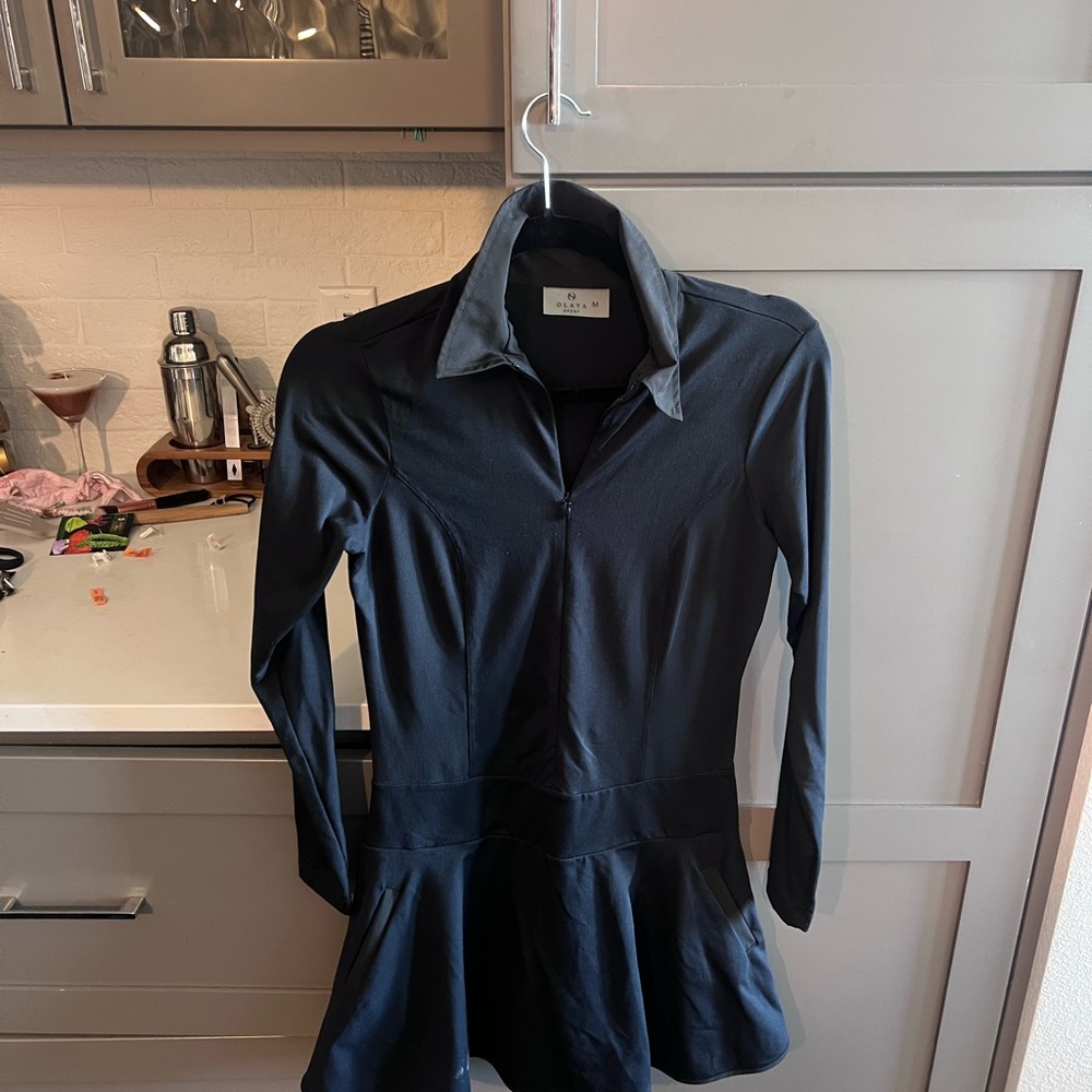 OLAY Black Long-Sleeve Zip Polo Dress with Flared Skirt